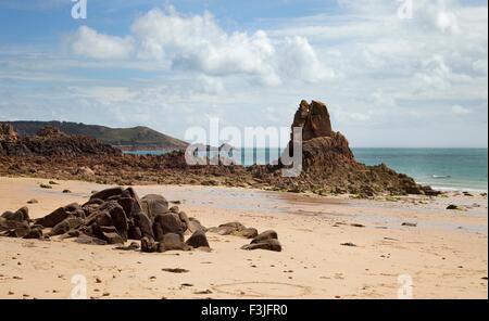 Die ungewöhnlichen Felsformationen am Beauport Bay, Jersey, Channel Islands, British Isles. Stockfoto