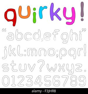 Kleinbuchstaben-Alphabet, Ziffern und Satzzeichen in einem skurrilen Spaß Schriftart isoliert auf weiss. Stock Vektor