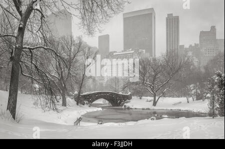Zugefrorenen Teich und heftige Schneefälle im Central Park. Gapstow Bridge und Manhattan Hochhäuser und Wolkenkratzer. Winter in New York Stockfoto