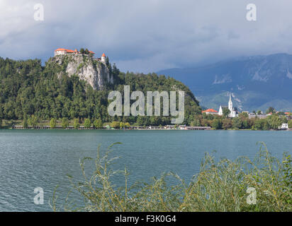 Mittelalterliche Burg und Pfarrkirche St. Martins, mit Blick auf den See von Bled in Slowenien. Einer der malerischen Orte der Nation. Stockfoto