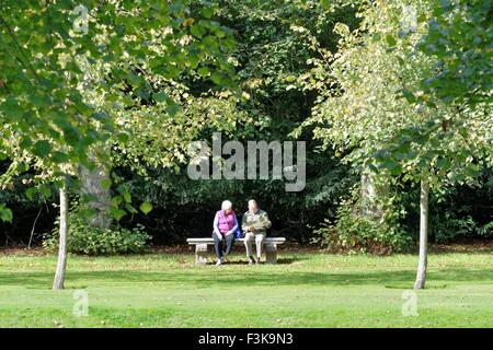 Älteres Paar sitzt auf einer Steinbank in einer Parklandschaft Stockfoto