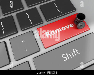 3D Renderer Bild. Mülleimer auf der Computertastatur. Konzept zu entfernen. Stockfoto