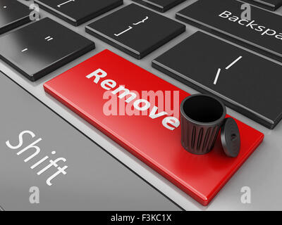 3D Renderer Bild. Mülleimer auf der Computertastatur. Konzept zu entfernen. Stockfoto
