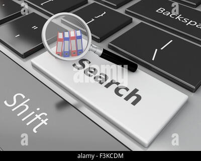3D Renderer Bild. Ordner und Lupe auf der Computertastatur. Suche Konzept. Stockfoto