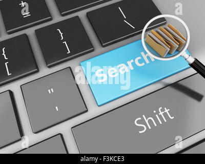 3D Renderer Bild. Ordner und Lupe auf der Computertastatur. Suche Konzept. Stockfoto