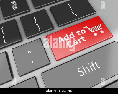 3D Renderer Bild. Computer-Tastatur mit Add to Cart Taste. Online-shopping-Konzept. Stockfoto