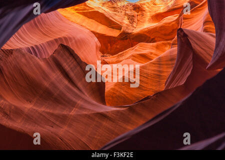 Lila, Pink und Orange, die wirbelnden Sandsteinfelsen, die Erosion durch Wasser im Upper Antelope Canyon befindet sich in Page, Arizona. Stockfoto