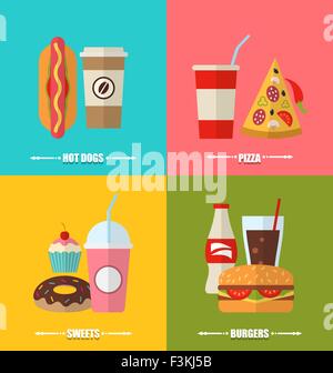 Fast-Food und Getränke, flache bunte einfache Icons Set Stock Vektor