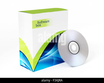 Software-Box und dvd isoliert auf weißem Hintergrund. Stockfoto