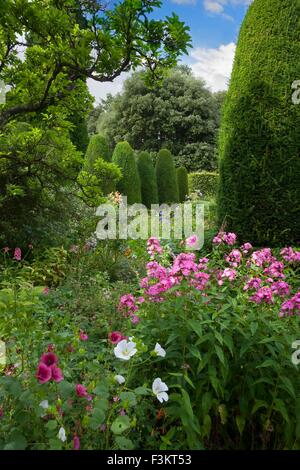 Hübsche Blumenbeete und abgeschnittene Eiben, England. Stockfoto