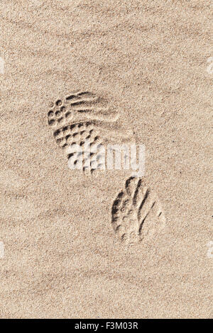 Sport-Schuh-Fußabdruck im Sand am Strand Stockfoto