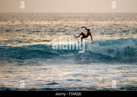 Surfer bei Sonnenuntergang am Strand in Waikoloa. Big Island. USA. Surfer in der Koralle und Lava Flanke Anaeho'omalu Bay auf Hawaii. WAIK Stockfoto