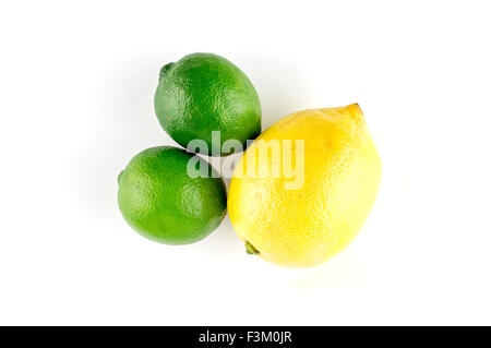 Luft isoliert Makro Nahaufnahme der Zitrusfrüchte Zitronen und Limetten gegen weiß Stockfoto