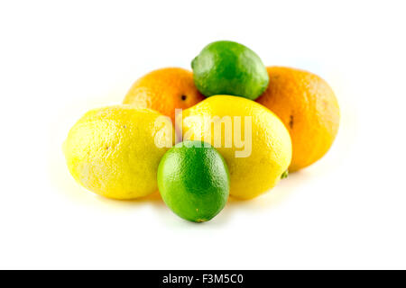 Haufen von leckeren Zitrusfrüchte mit Orangen-Zitronen und Limetten Stockfoto
