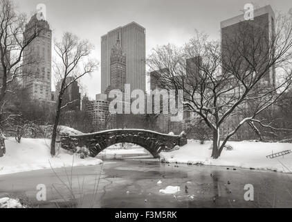 Central Park nach einem Schneesturm mit dem Teich gefroren und Gapstow Brücke bedeckt mit Schnee. Wolkenkratzer von Manhattan, New York City Stockfoto