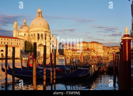 Canal Grande in der Morgendämmerung mit Gondeln festmachen, Stangen und Basilica di Santa Maria della Salute Venedig Veneto Italien Europa Stockfoto