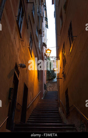 Enge Gasse mit steilen Treppen zwischen den Häusern in Camogli, Italien Stockfoto