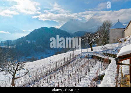 Grand Blick vom Schloss Gruyeres auf eine herrliche Winterlandschaft. Region der Greyerzer, Provinz Fribourg, Schweiz Stockfoto