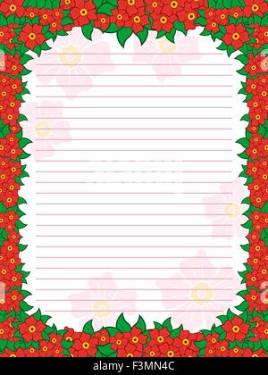 Blatt der Notizblock mit parallelen Linien und bunte Blumen Rahmen mit Blumen vor allem in Rottönen, Vektor-illustration Stock Vektor