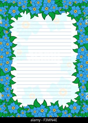 Blatt der Notizblock mit parallelen Linien und bunte Blumen Rahmen mit Blumen vor allem in blauen Farbtönen, Vektor-illustration Stock Vektor