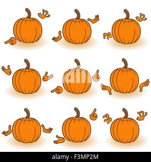 Halloween-Reihe von orange Kürbisse, die mit Händen gestikulieren, Blick von der Rückseite isoliert auf weißem Hintergrund Cartoon Vecto Stock Vektor