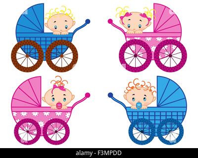 Vier Kinderwagen mit Baby-jungen und Mädchen, Handzeichnung Vektor-illustration Stock Vektor