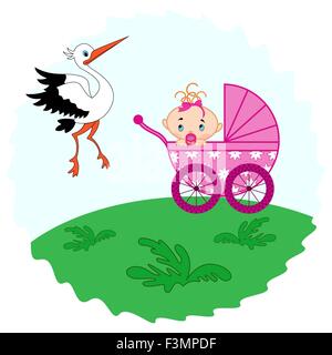 Babymädchen in einen Kinderwagen auf der Wiese und Storch neben ihm, Handzeichnung Vektor-illustration Stock Vektor
