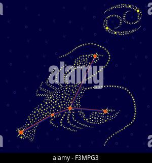 Sternzeichen Krebs auf dem Hintergrund des Sternenhimmels mit dem Schema von Sternen im Sternbild, Vektor-illustration Stock Vektor