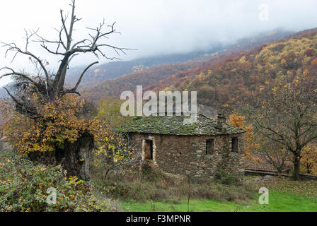 Herbstliche Landschaft mit alten traditionellen Steinhaus in Skotina Dorf in der Nähe von Olymp in Griechenland Stockfoto
