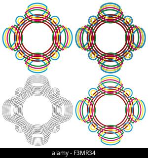 Vier abstrakte bunte Vektor runden bunten identisch mit einem geflochtenen Muster mit verschiedenen Details Leistung bildet Stock Vektor