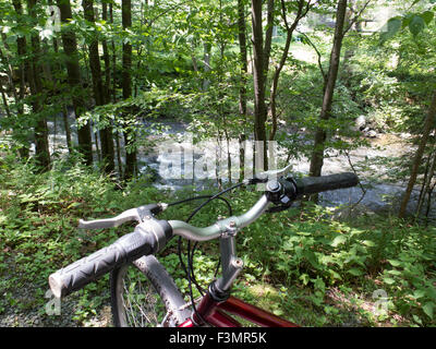 Ein rotes Fahrrad ist an einer Stelle mit Blick auf den Hoosic River entlang der Ashuwillticook Rail Trail in Adams, Massachusetts geparkt. Stockfoto