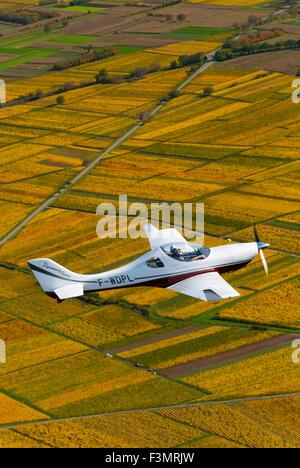 Frankreich, Bas Rhin (67), Weine Road, Aerospool Dynamic Flugzeug fliegen über Weinberge im Herbst bei Eichhoffen (Luftbild) / / B Stockfoto