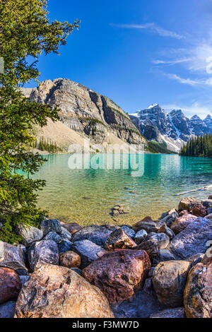 Eine weitere beeindruckende Ansicht des legendären Moraine Lake im Banff. Stockfoto