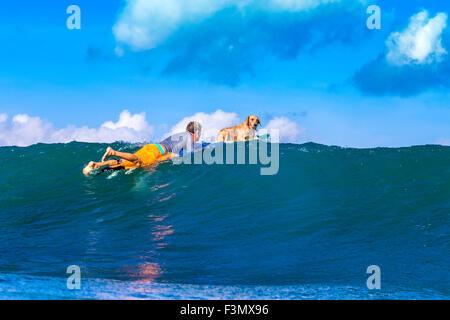 Surfer mit einem Hund auf dem Surfbrett. Stockfoto