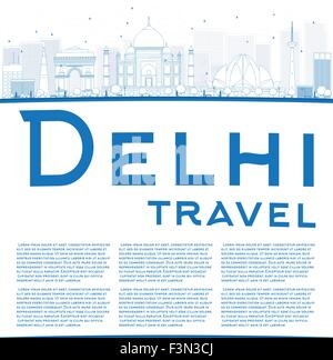 Umriss-Delhi Skyline mit blauen Wahrzeichen und Textfreiraum. Business-Reisen und Tourismus-Konzept mit Platz für Text. Stock Vektor