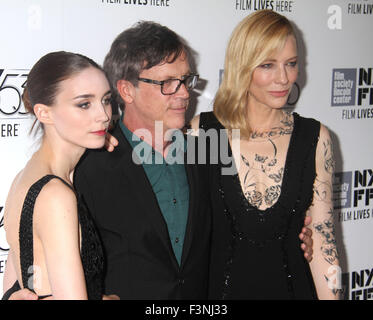 New York, New York, USA. 9. Oktober 2015. Schauspielerin ROONEY MARA, Regisseur TODD HAYNES, CATE BLANCHETT besuchen die 2015 New York Film Festival Premiere von "Carol" bei Alice Tully Hall im Lincoln Center statt. Bildnachweis: Nancy Kaszerman/ZUMA Draht/Alamy Live-Nachrichten Stockfoto