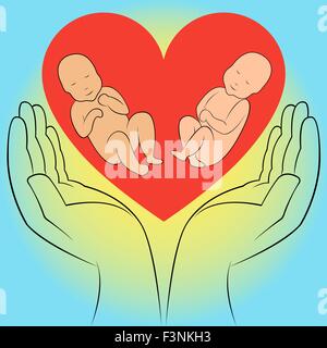 Zwei ungeborenen Babys in menschlicher Hand auf dem Herz Hintergrund. Hand-Zeichnung-Vektor-illustration Stock Vektor