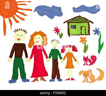 Familie und Haustiere in der Nähe ihres Hauses. Handzeichnung Vektor-Illustration als ein Kinder-Paint-Bild Stock Vektor