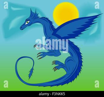 Blauer Drache während des Fluges vor dem Hintergrund der Himmel, Sonne und Wolken. Hand Zeichnung Cartoon-Vektor-illustration Stock Vektor