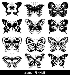 Satz von zwölf schwarze Schmetterling-Silhouetten auf weißem Hintergrund, Hand-Zeichnung-Vektor-illustration Stock Vektor