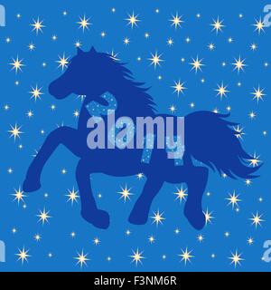 Silhouette Symbol 2014 blau Pferd auf blauem Hintergrund mit vielen Stars, Hand-Zeichnung-Vektor-illustration Stock Vektor