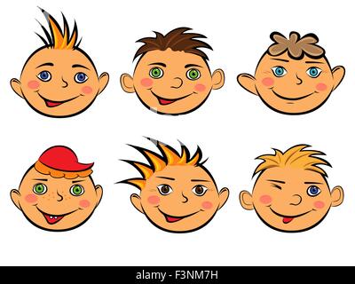 Set mit sechs lustige Gesichter von lächelnden jungen auf weißem Hintergrund, Hand Zeichnung Cartoon-Vektor-illustration Stock Vektor