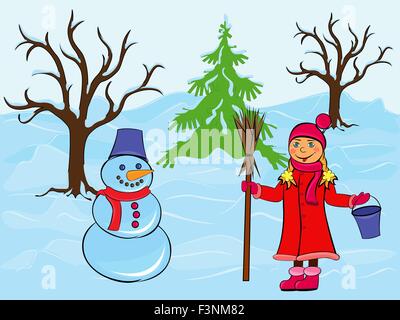 Kind Mädchen und Schneemann unter den Bäumen und Schneeverwehungen, hand Zeichnung Cartoon-Vektor-illustration Stock Vektor