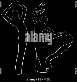 Mann und Frau tanzen. die Hand zeichnen schwarz-weiß Vektor-Illustration mit schwarzem Hintergrund Stock Vektor
