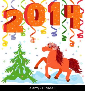 Neujahr-Zusammensetzung und Symbol 2014 Jahr a Running Horse, hand Zeichnung Vektor-Illustration Stock Vektor