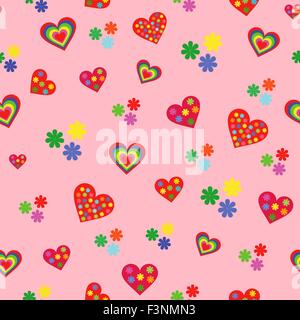 Nahtlose Vektormuster mit verschiedenen bunten Valentine Hearts auf rosa Hintergrund Stock Vektor