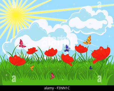 Wiese im Frühsommer. Mohn rot blühenden und grünen Rasen gegen den Himmel mit Wolken und Sonne. Hand-Zeichnung Vektor Interessenvertreter Stock Vektor