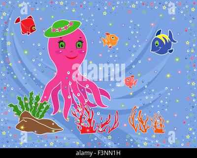 Marine Unterwasserwelt. Lustige Kraken, Fische, Korallen und Algen auf dem Meeresboden. Hand-Zeichnung-Vektor-illustration Stock Vektor