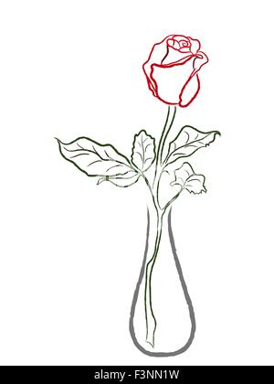 Stilisierte rote rose in einer Vase isoliert auf weißem Hintergrund, Handzeichnung Vektor-illustration Stock Vektor