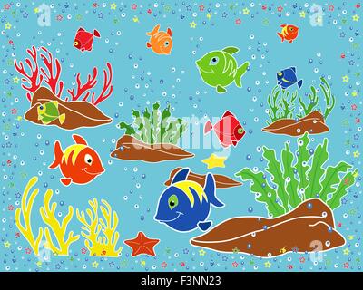 Marine Unterwasserwelt. Fische, Korallen, Seesterne und Algen auf dem Meeresboden. Hand-Zeichnung-Vektor-illustration Stock Vektor